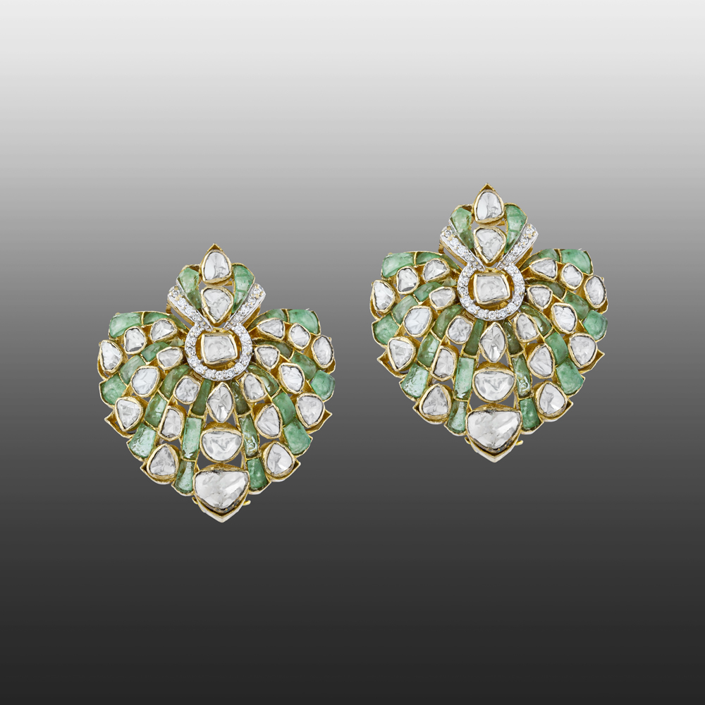 Polki Earrings with Green Gemstone Talaf and Fan Design